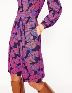 Alexandra Blouson Jersey Dress-French Navy, Bow Scatter-Boden Sale