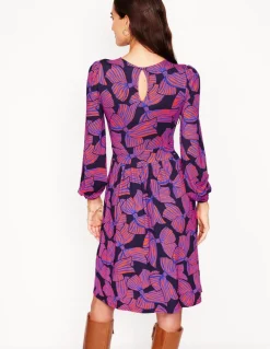 Alexandra Blouson Jersey Dress-French Navy, Bow Scatter-Boden Sale