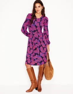 Alexandra Blouson Jersey Dress-French Navy, Bow Scatter-Boden Sale