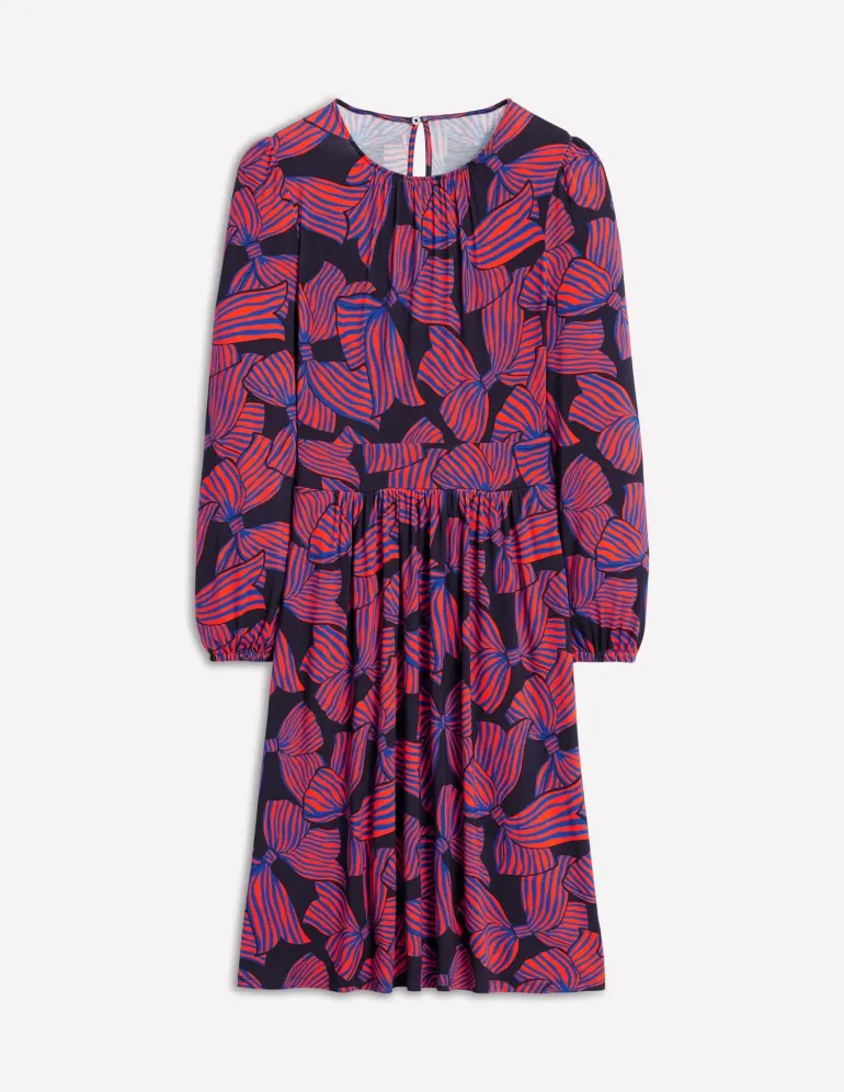 Alexandra Blouson Jersey Dress-French Navy, Bow Scatter-Boden Sale