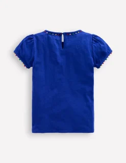 Ali Puff Sleeve Pom T-shirt-Bright Blue-Boden New