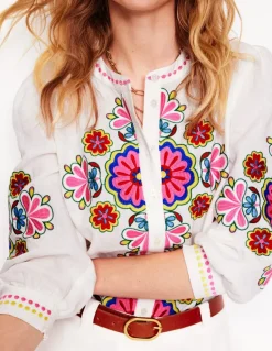 Alicia Linen Top-White, Floral Embroidery-Boden Store