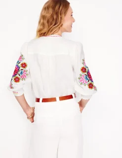 Alicia Linen Top-White, Floral Embroidery-Boden Store