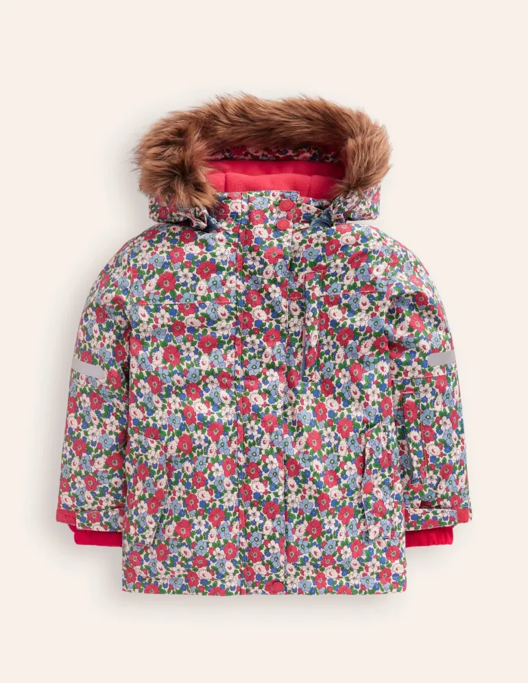 All-Weather Waterproof Coat-Glacier Blue Winter Floral-Boden Clearance