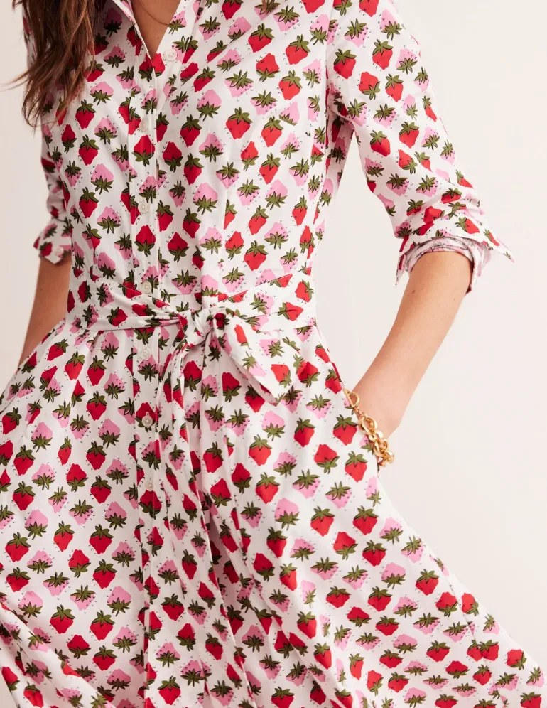 Amy Cotton Midi Shirt Dress-Ivory, Strawberry Pop-Boden Online