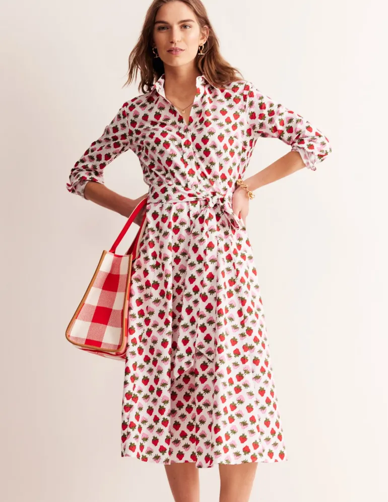 Amy Cotton Midi Shirt Dress-Ivory, Strawberry Pop-Boden Online