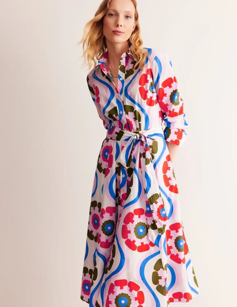 Amy Cotton Midi Shirt Dress-Multi, Geo Floret-Boden Store