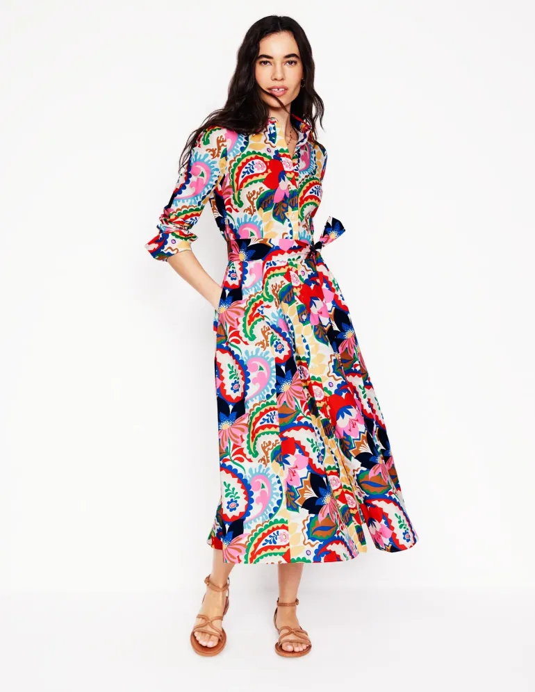 Amy Cotton Midi Shirt Dress-Ivory, Botanical Paisley-Boden Hot