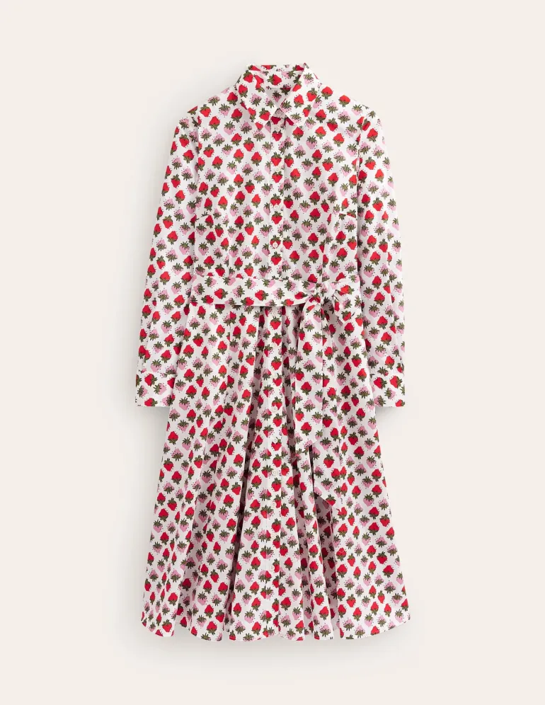 Amy Cotton Midi Shirt Dress-Ivory, Strawberry Pop-Boden Online