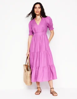 Anna Linen Tiered Midi Dress-Foxglove Purple-Boden Clearance