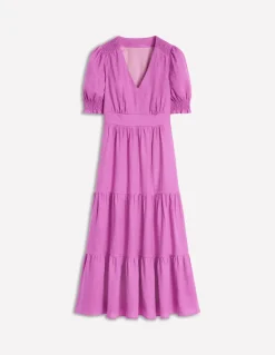 Anna Linen Tiered Midi Dress-Foxglove Purple-Boden Clearance