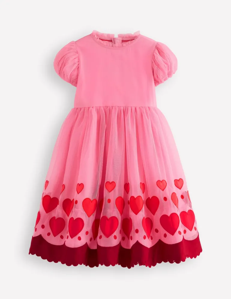 Appliqué Hem Tulle Dress-Bubblegum Pink Hearts-Boden Sale