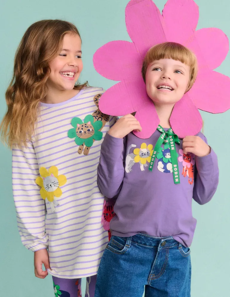 Appliqué Jersey Tunic-Aster Purple / Ivory Cats-Boden Outlet