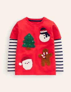 Applique Mock Sleeve T-Shirt-Poppy Red Christmas-Boden Best