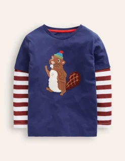 Applique Mock Sleeve T-Shirt-Starboard Blue Beaver-Boden Discount