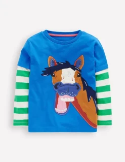 Applique Mock Sleeve T-Shirt-Kingfisher Blue Horse-Boden Clearance