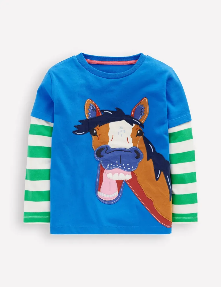Applique Mock Sleeve T-Shirt-Kingfisher Blue Horse-Boden Clearance