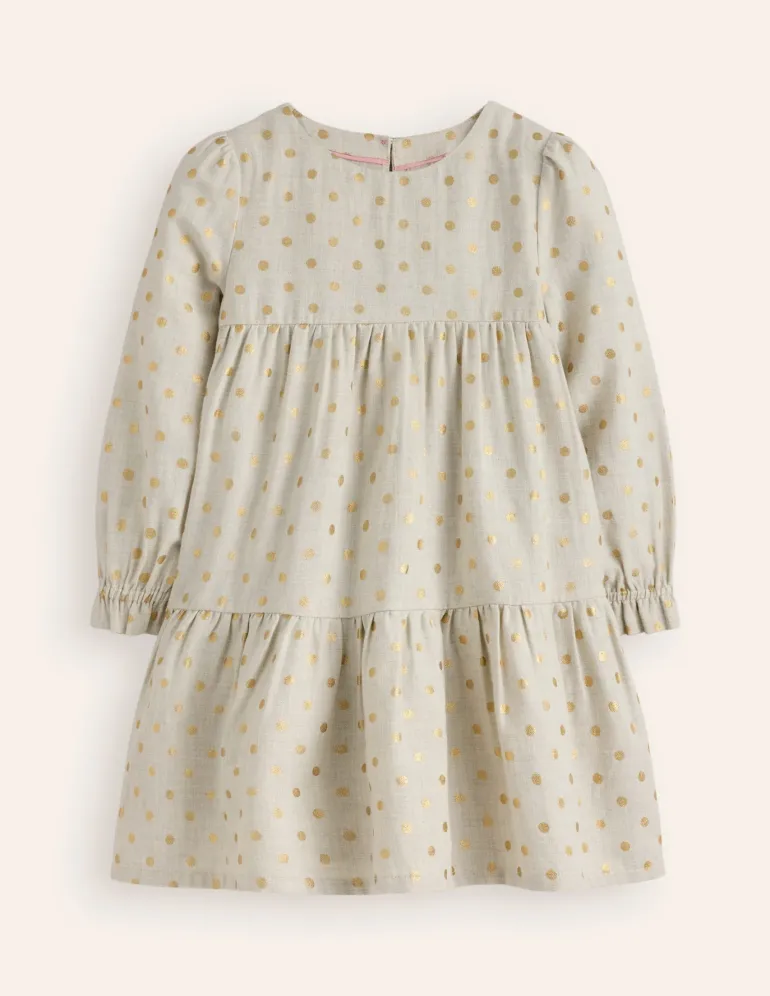 Betsy Tiered Twirly Dress-Oatmeal/Gold Spot-Boden Shop