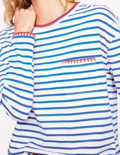 Blanket Stitch Boxy Top-Ivory, Gallery Blue-Boden Online