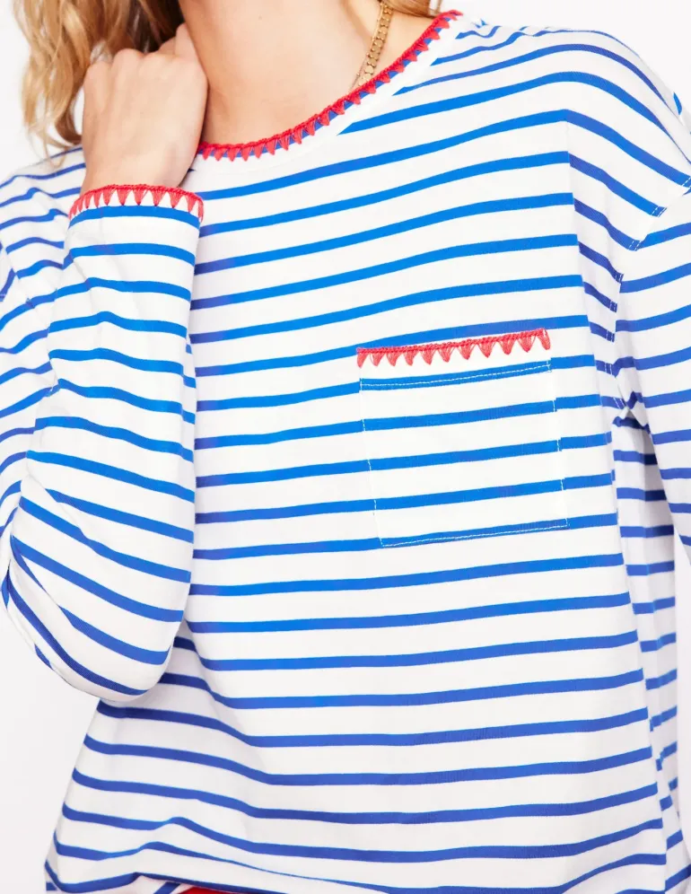 Blanket Stitch Boxy Top-Ivory, Gallery Blue-Boden Online