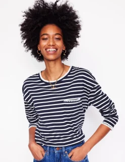 Blanket Stitch Boxy Top-Navy, Ivory-Boden Best