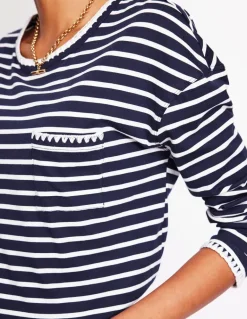 Blanket Stitch Boxy Top-Navy, Ivory-Boden Best