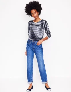 Blanket Stitch Boxy Top-Navy, Ivory-Boden Best
