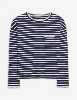 Blanket Stitch Boxy Top-Navy, Ivory-Boden Best