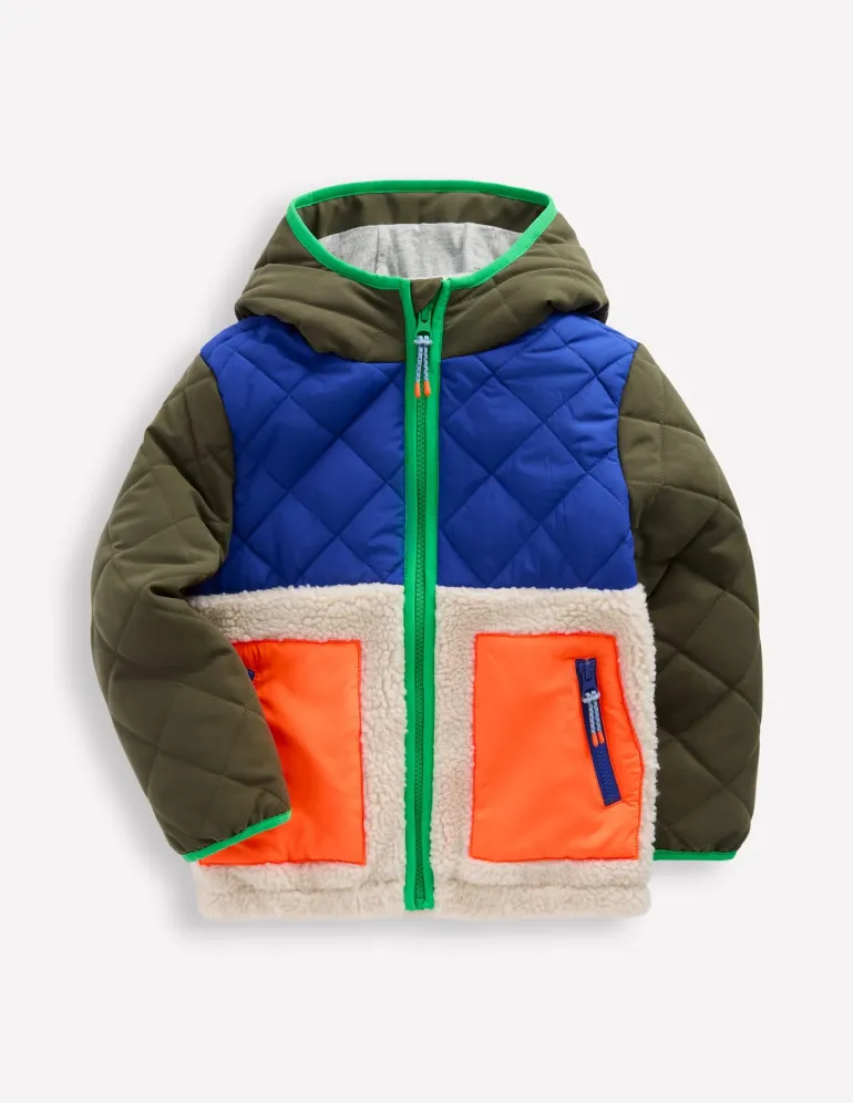 Borg Mix Jacket-Khaki Colourblock-Boden Store