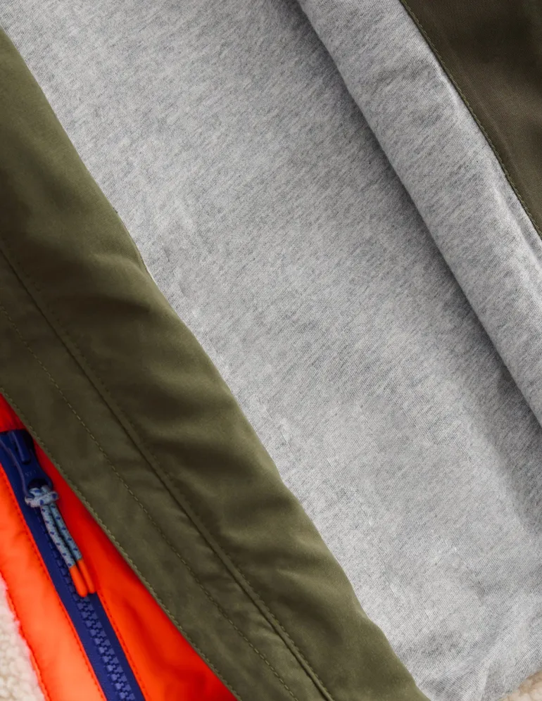 Borg Mix Jacket-Khaki Colourblock-Boden Store