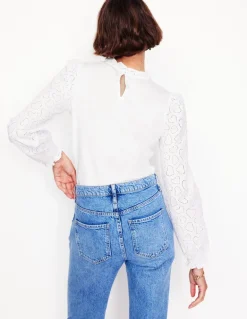 Broderie Sleeve Frill Neck Top--Boden Online