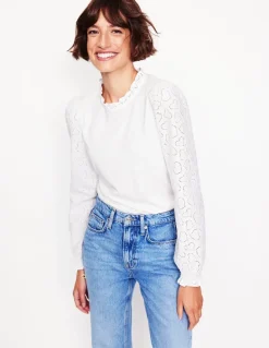 Broderie Sleeve Frill Neck Top--Boden Online