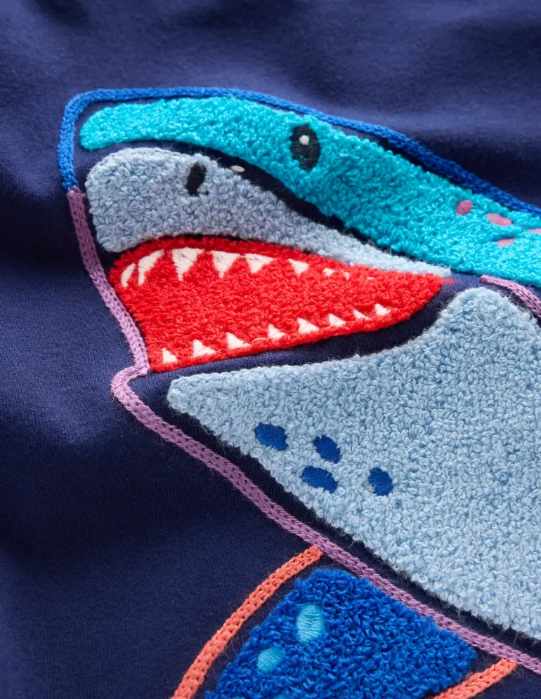 Chain Stitch T-Shirt-Medieval blue Shark-Boden New