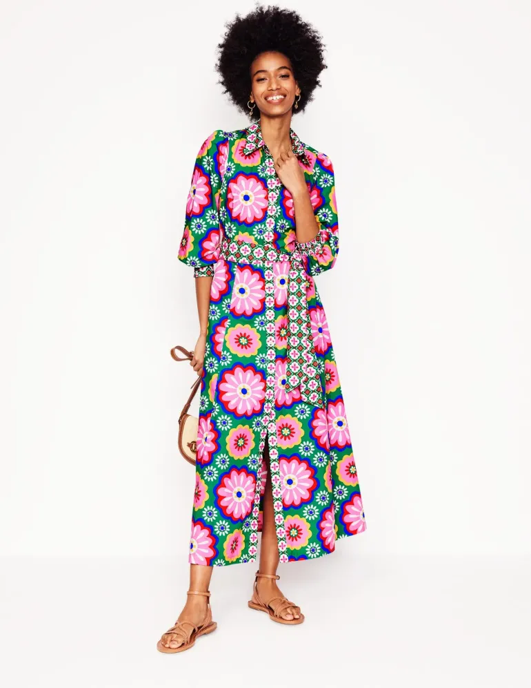 Clara Cotton Shirt Dress-Multi, Flower Tile-Boden Online