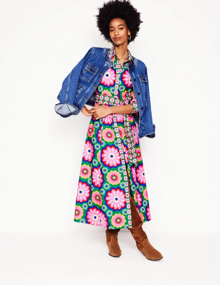 Clara Cotton Shirt Dress-Multi, Flower Tile-Boden Online