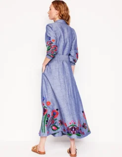 Clara Linen Blend Shirt Dress-Blue Chambray, Embroidered-Boden Clearance
