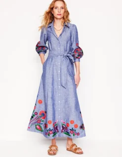 Clara Linen Blend Shirt Dress-Blue Chambray, Embroidered-Boden Clearance