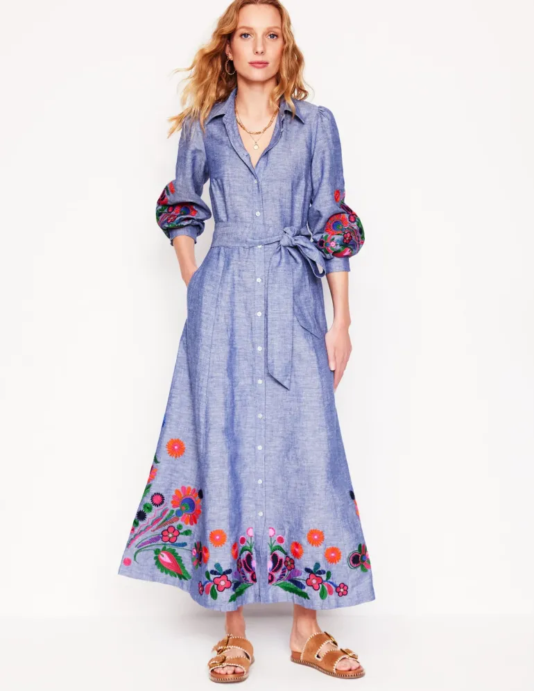Clara Linen Blend Shirt Dress-Blue Chambray, Embroidered-Boden Clearance