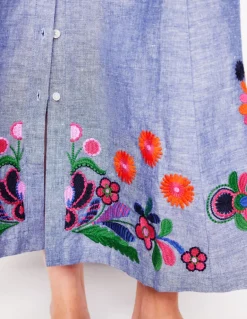 Clara Linen Blend Shirt Dress-Blue Chambray, Embroidered-Boden Clearance