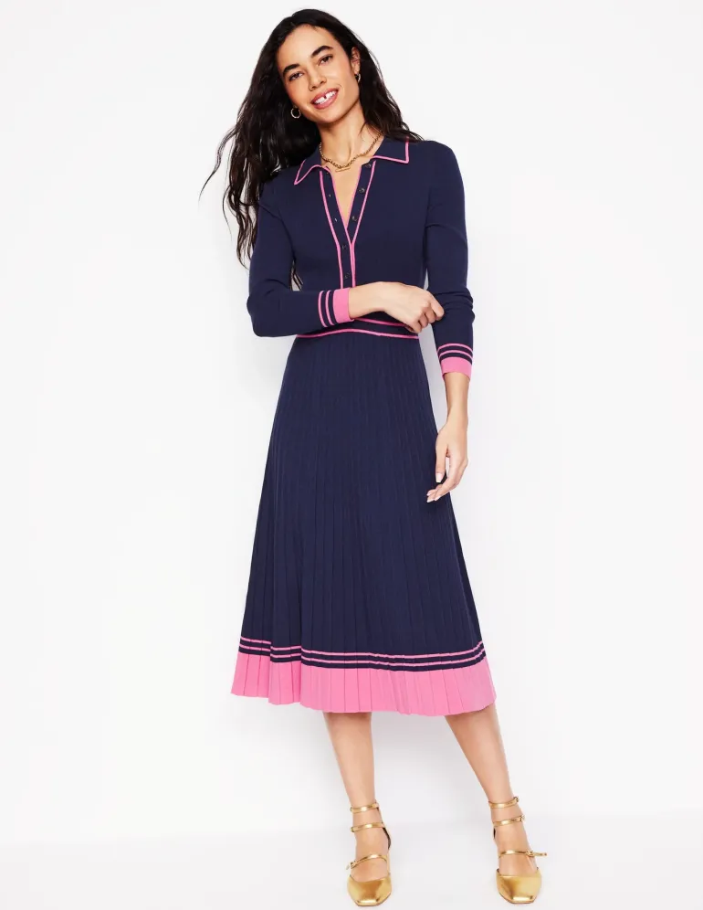 Collared Pleated Knitted Dress-Navy/Pink Colourblock-Boden Flash Sale