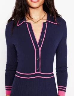 Collared Pleated Knitted Dress-Navy/Pink Colourblock-Boden Flash Sale