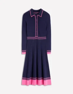 Collared Pleated Knitted Dress-Navy/Pink Colourblock-Boden Flash Sale