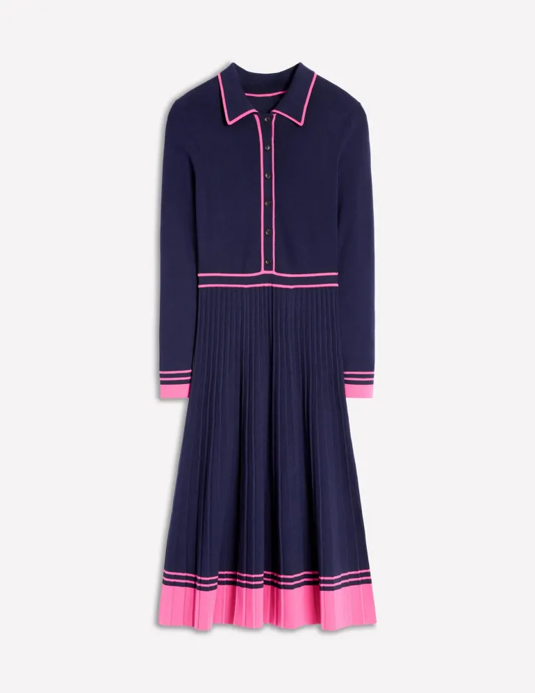 Collared Pleated Knitted Dress-Navy/Pink Colourblock-Boden Flash Sale