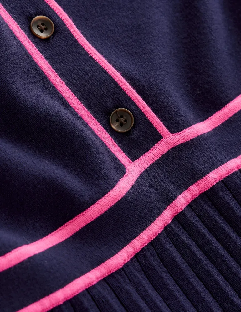 Collared Pleated Knitted Dress-Navy/Pink Colourblock-Boden Flash Sale