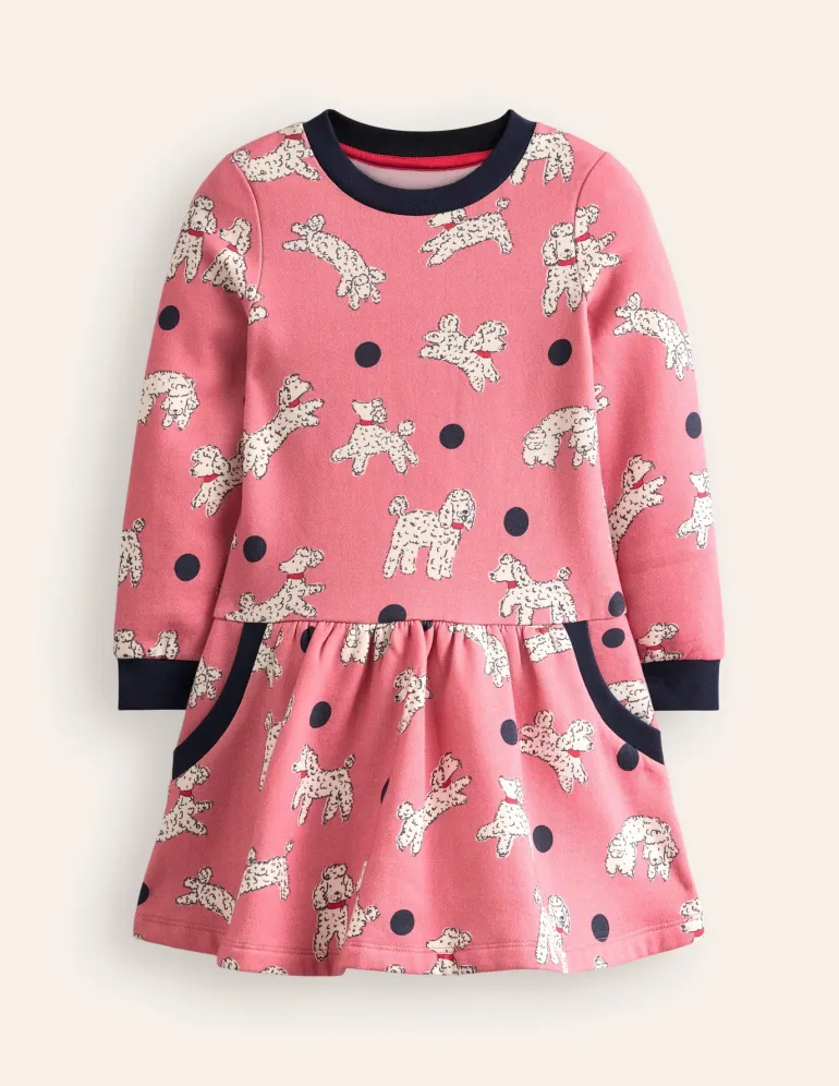 Cosy Printed Sweatshirt Dress-Almond Pink Poodles-Boden Flash Sale