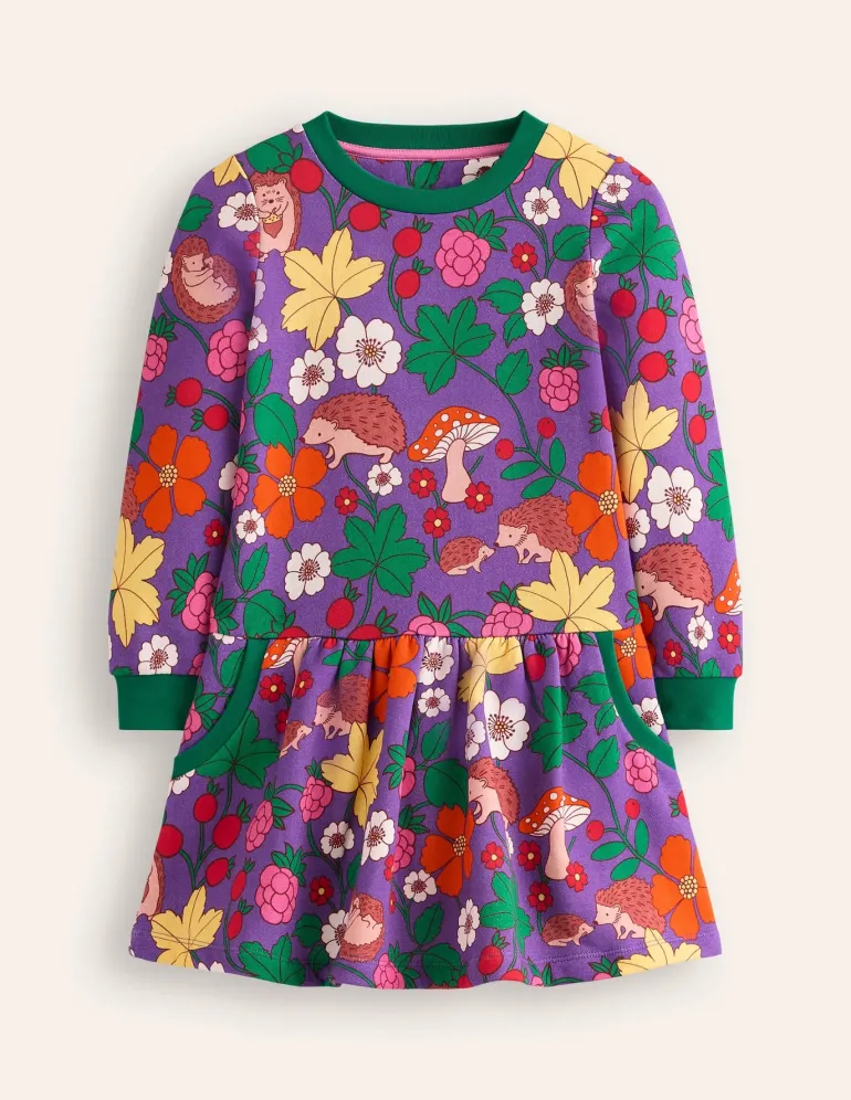 Cosy Printed Sweatshirt Dress-Pansy Purple Hedgehogs-Boden Flash Sale