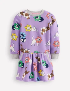 Cosy Printed Sweatshirt Dress-Aster Purple Flower Cat-Boden Hot