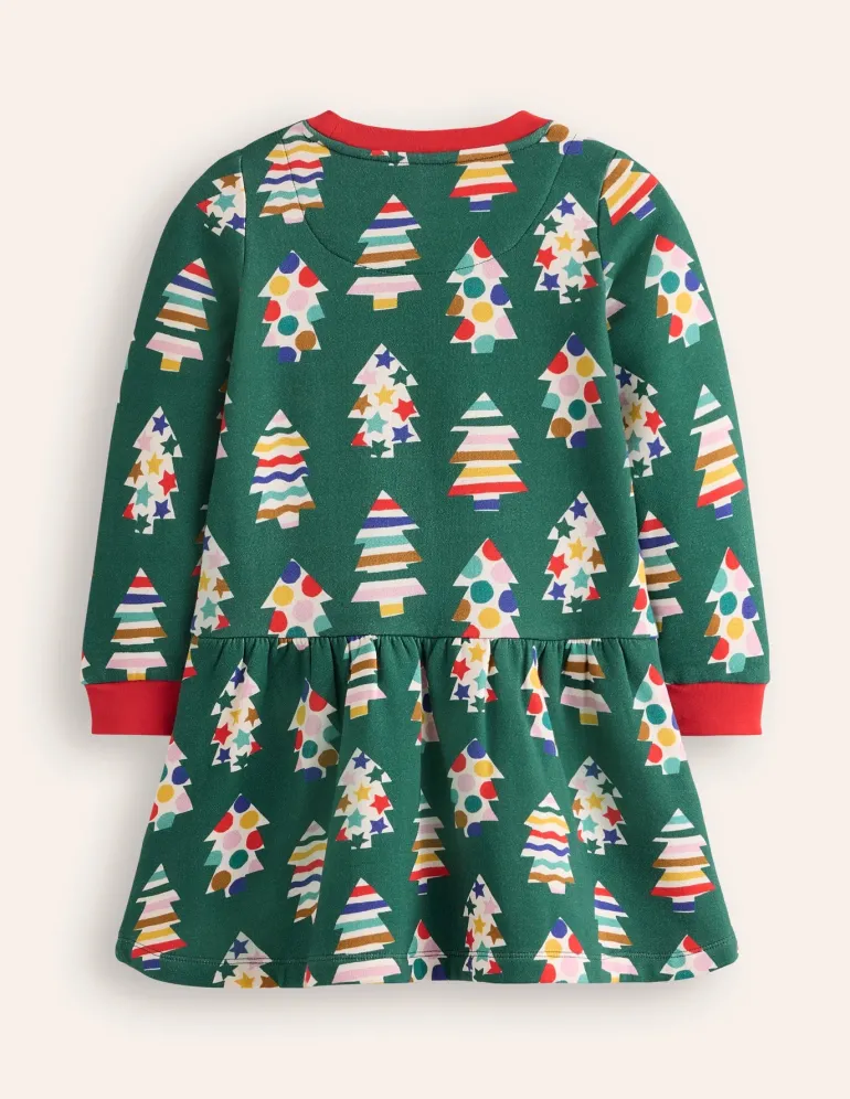 Cosy Printed Sweatshirt Dress-Jewel Green Christmas Trees-Boden Outlet