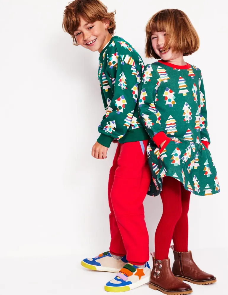 Cosy Printed Sweatshirt Dress-Jewel Green Christmas Trees-Boden Outlet
