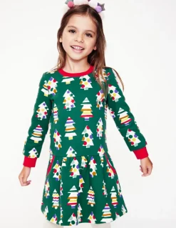 Cosy Printed Sweatshirt Dress-Jewel Green Christmas Trees-Boden Outlet
